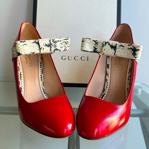 Gucci red patent leather Nimeu pumps with snakeskin heel and bow - size 37